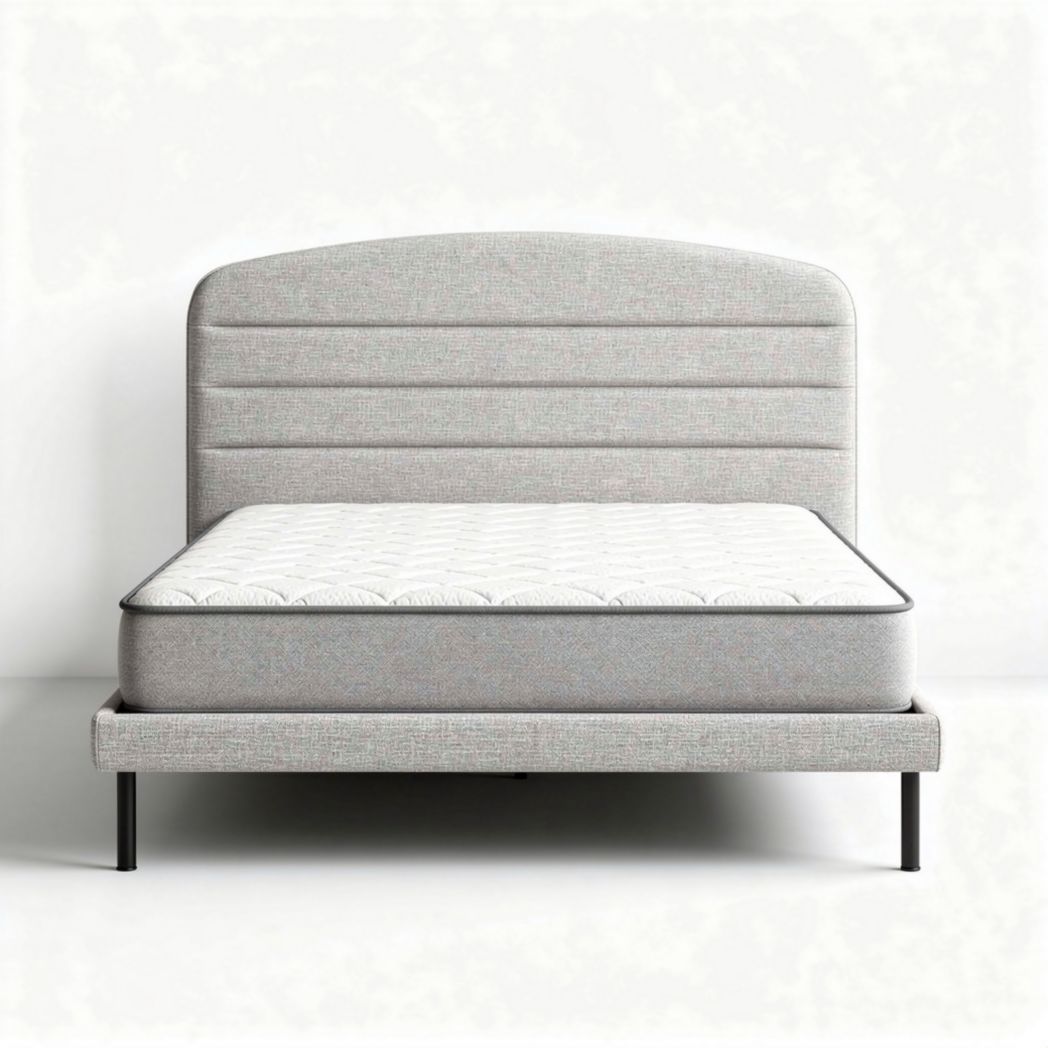 Cama matrimonial de tela gris con cabecero tapizado y colchón 200 x 160 x 100cm