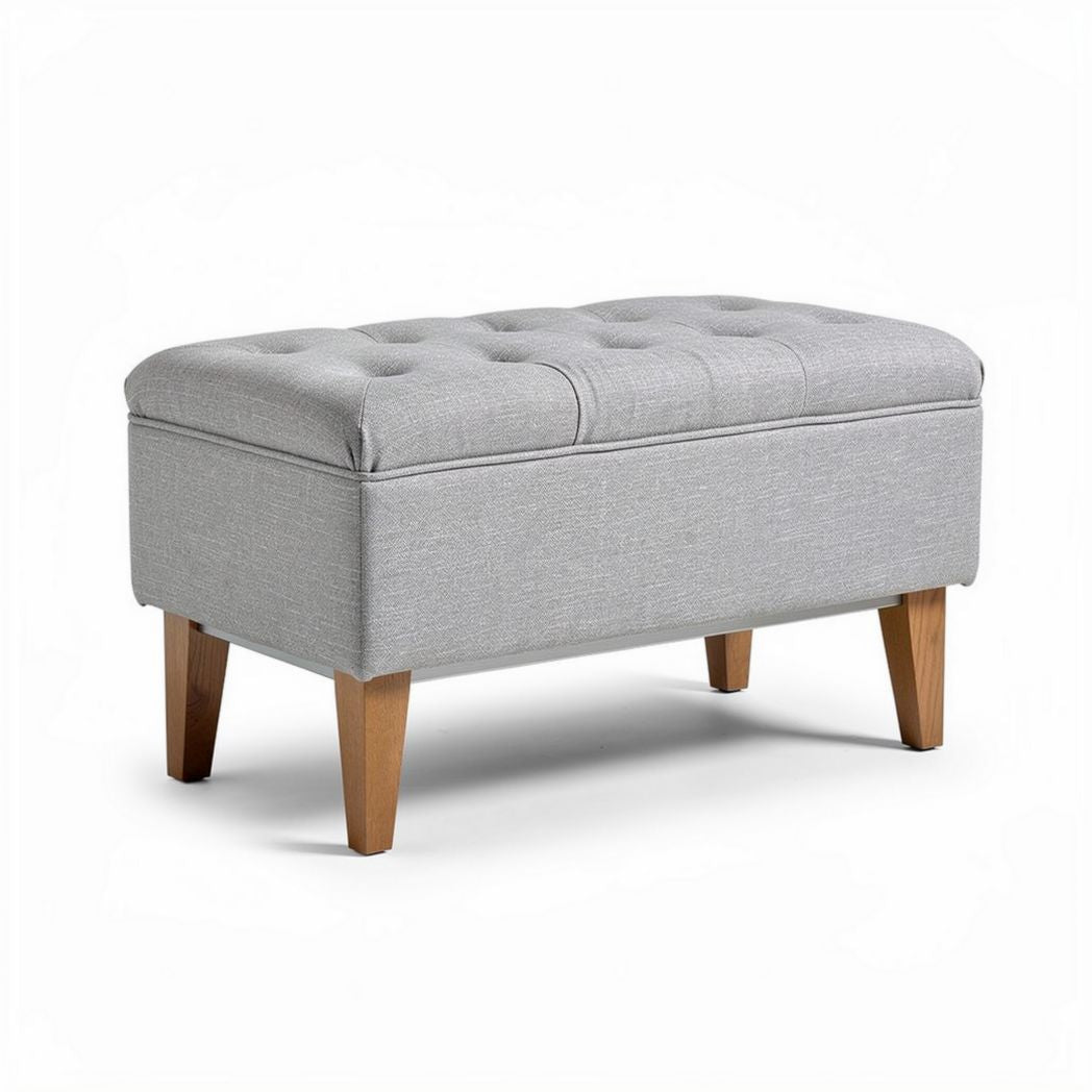 Ottoman de almacenamiento gris con tapizado acolchado y patas de madera 90 x 45 x 45cm
