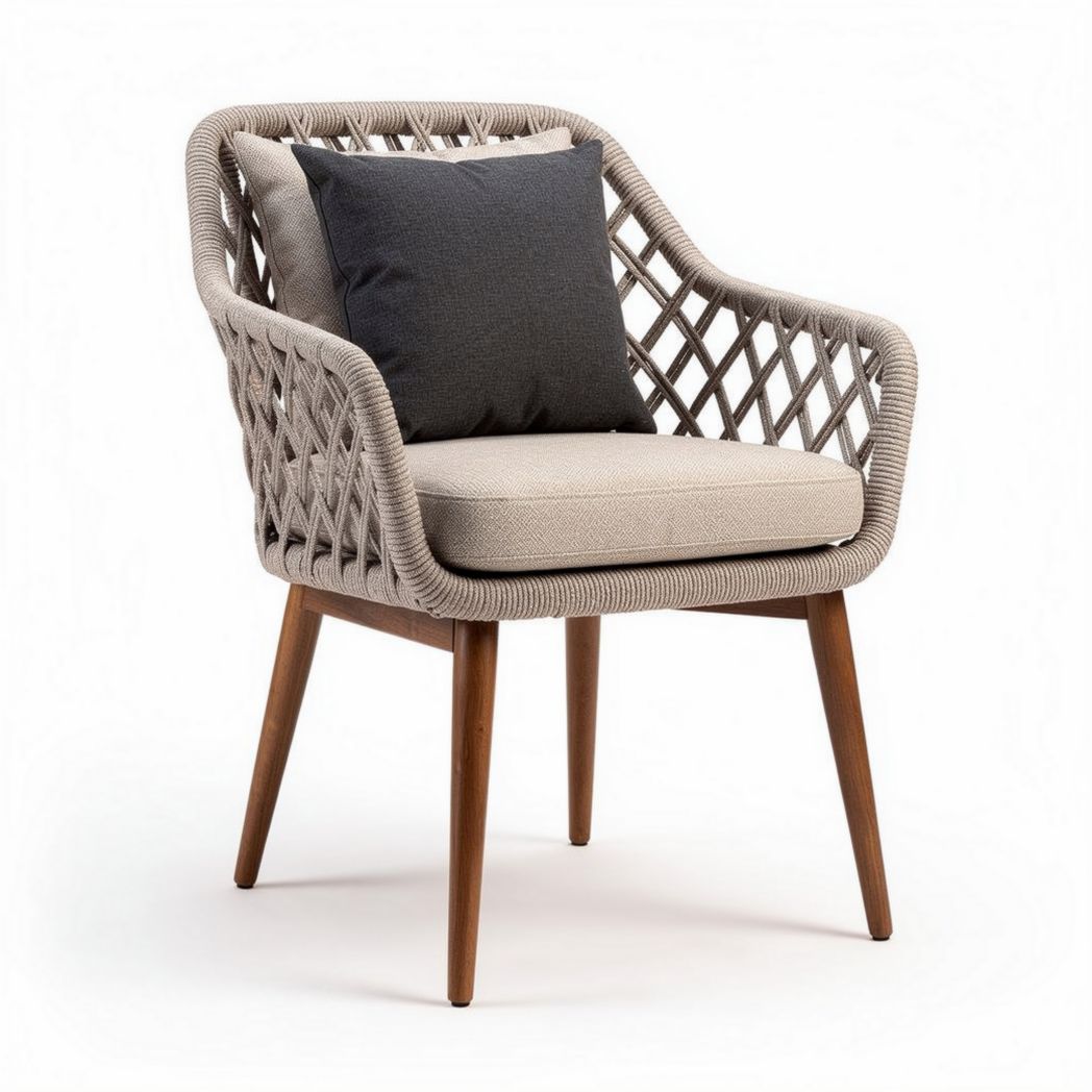 Silla de exterior de ratán tejido en color beige con cojín gris 65 x 65 x 80cm