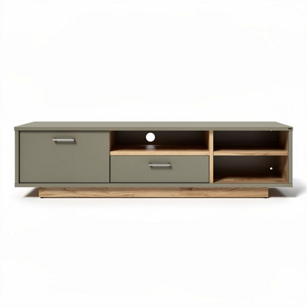 Mueble de televisión en color gris con acabados en madera de 150 x 40 x 50cm