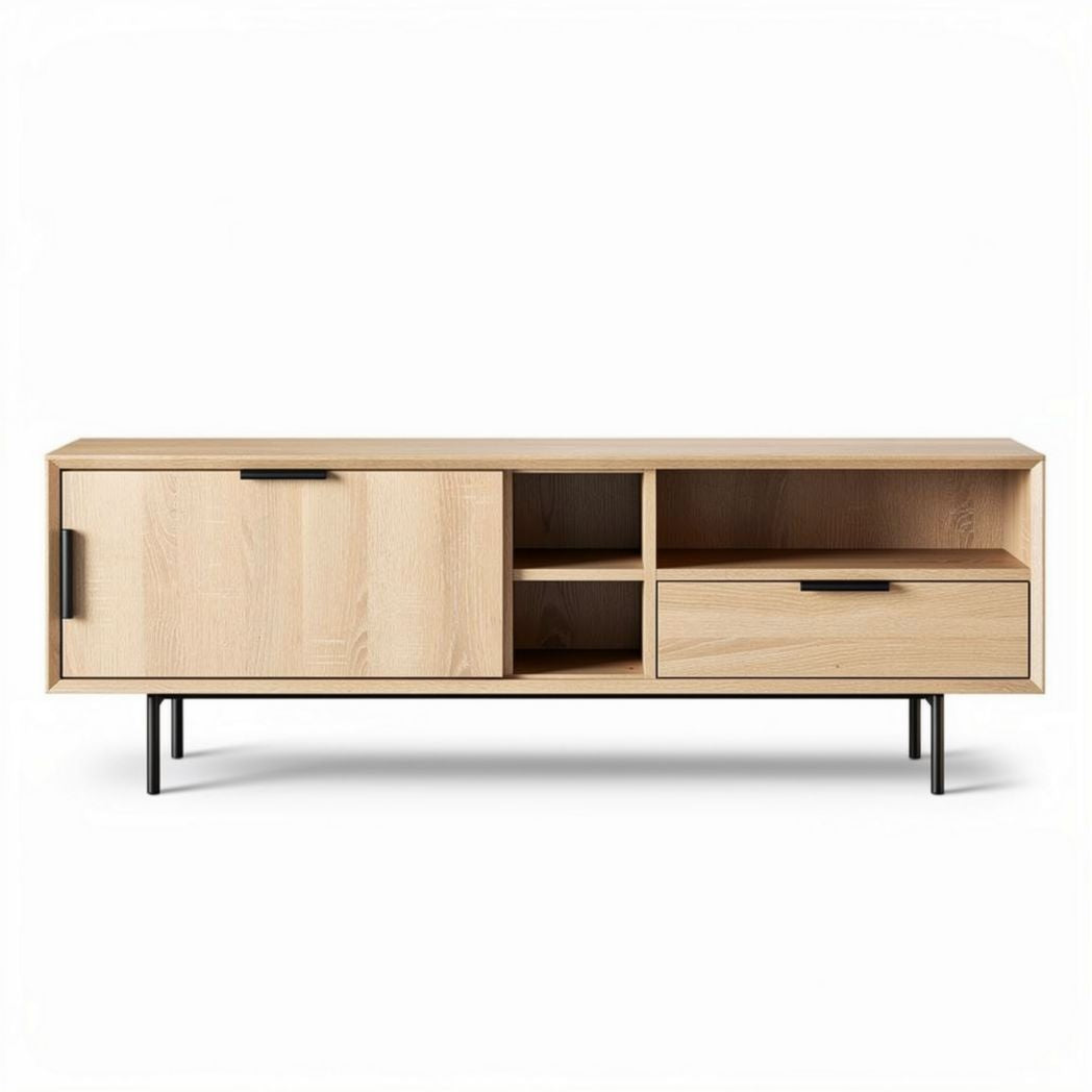 Mueble de salón en madera de roble claro con compartimentos y medidas 120 x 40 x 45cm