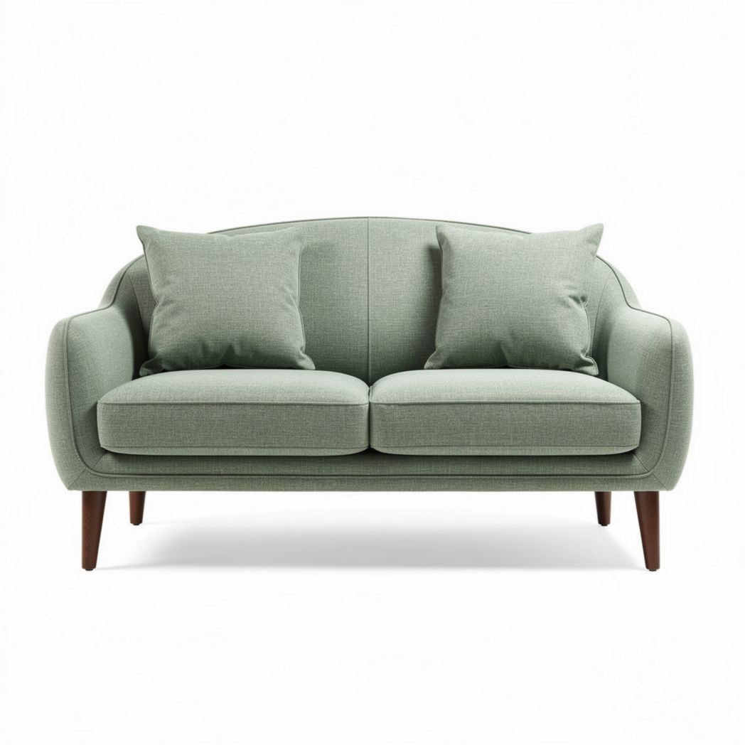 Sofá de dos plazas en color verde claro con cojines y patas de madera 150 x 80 x 75cm